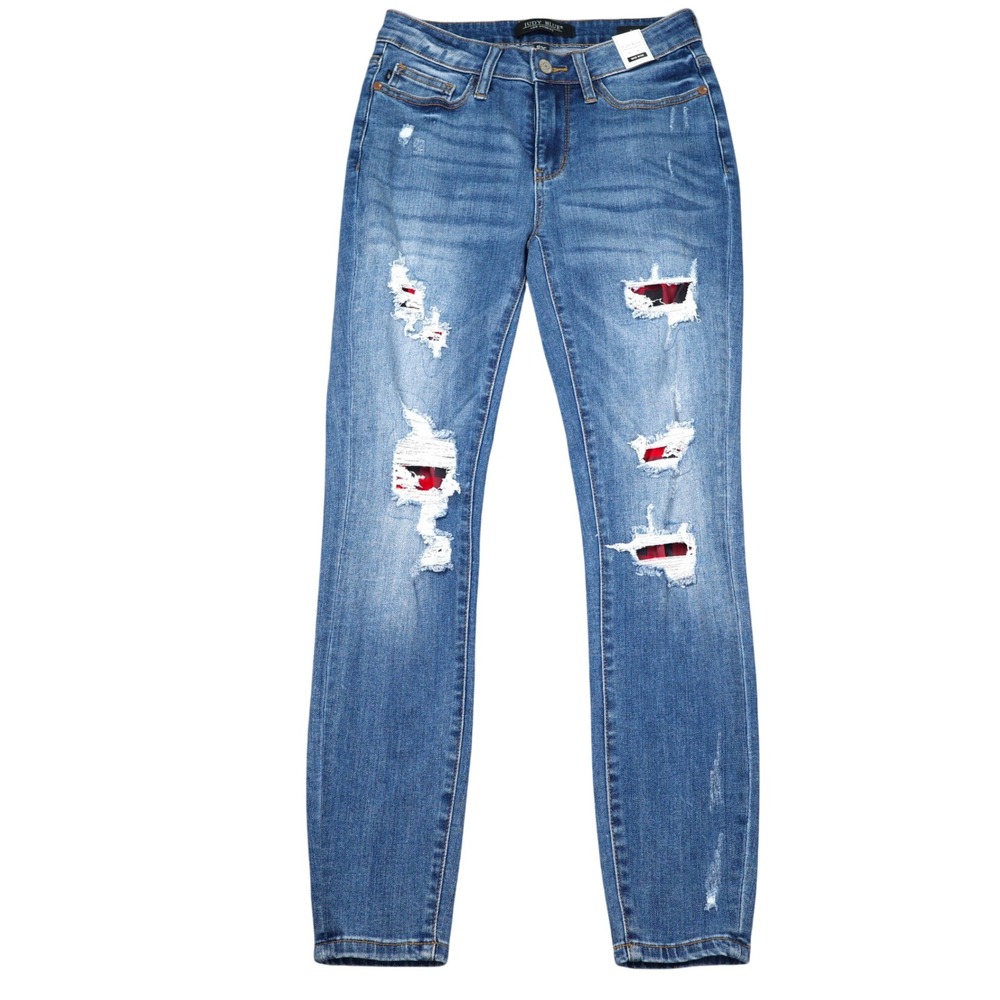 Judy Blue Jeans Women 1/25 Blue JB88316 Distressed Skinny Flannel Patch Denim